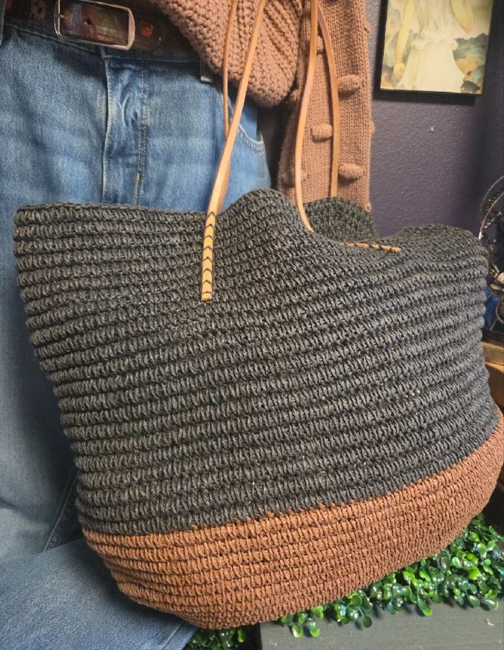 Merona Paper & Leather Two-Tone Woven Tote - Black and Brown with Tan Handles